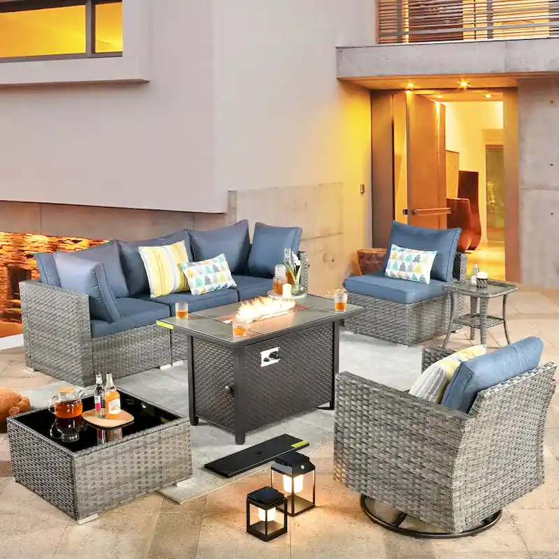 XIZZI 8-piece Patio Outdoor Wicker Furniture Swivel Chair Set with Firepit Table