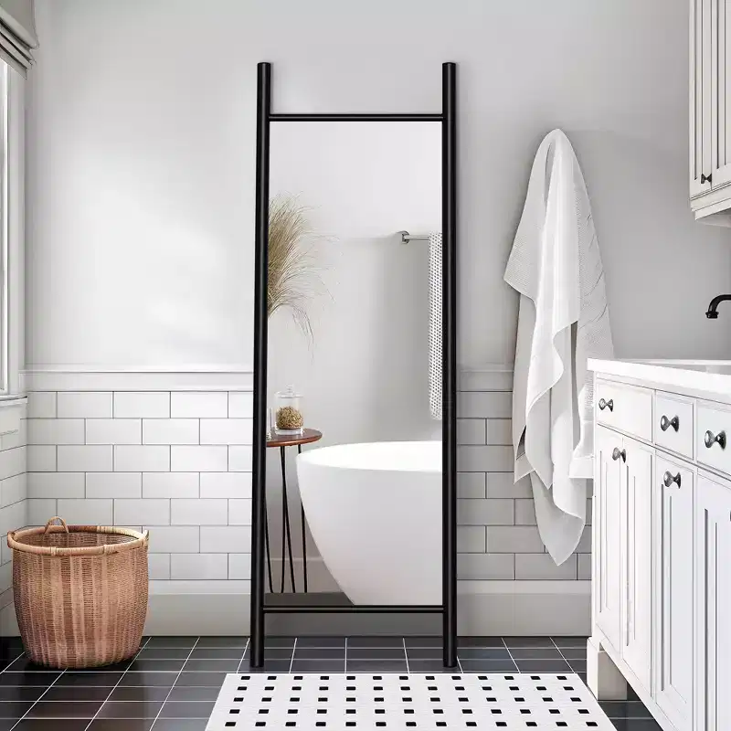 64*21 Ladder Arched Wood Framed Natural Color Full-Length Leaning Mirror