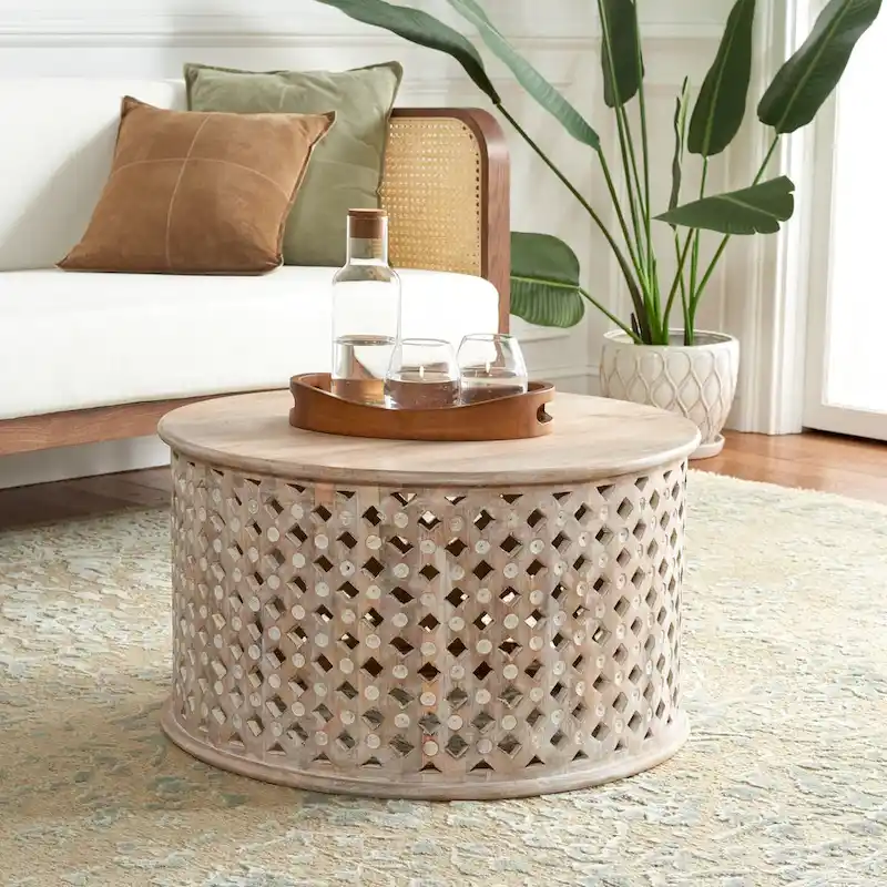 Round Mango Wood Coffee Table with Lattice Base