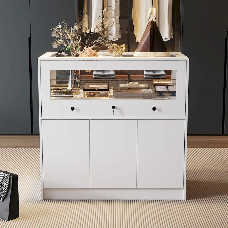 White Display Cabinet with Tempered Glass Top & Lockable Storage – 1-Person Use
