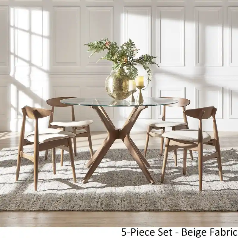 Dark walnut wood round dining table and chair  with glass tabletop - curved back dining chairs