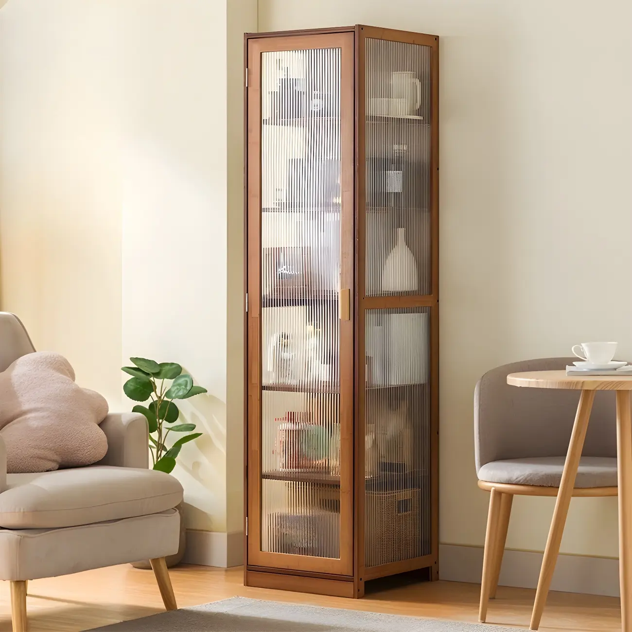 Narrow Adjustable Scandinavian Bamboo Glass Curio Cabinet