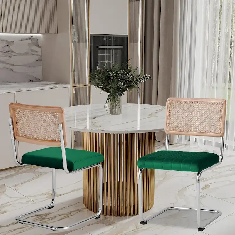 Velvet Upholstered Rattan Dining Chairs Set of 2/4