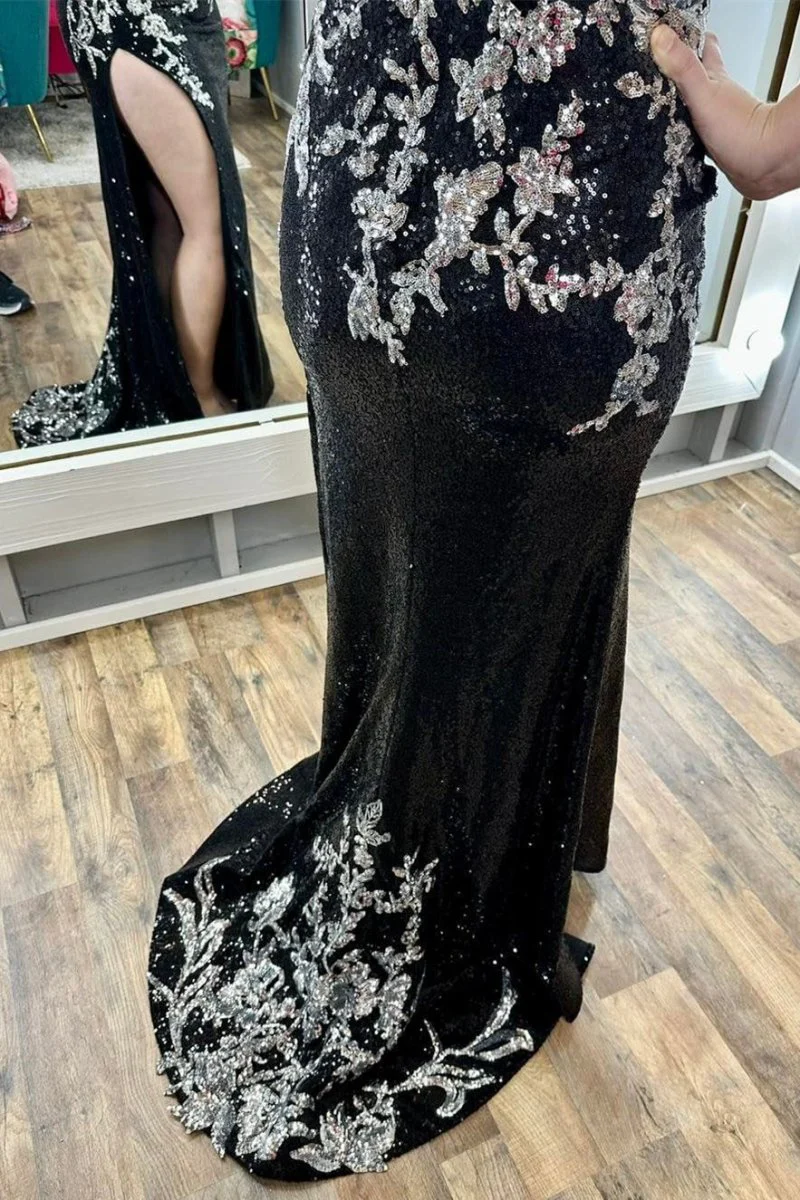 Black Sequin Appliques Spaghetti Strap Long Prom Dress with Slit