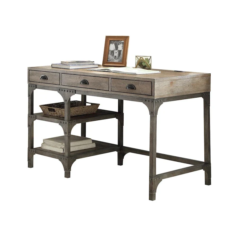Weathered Oak & Antique Silver Writing Desk with 3 Drawers & 2-Tier Rack – Single