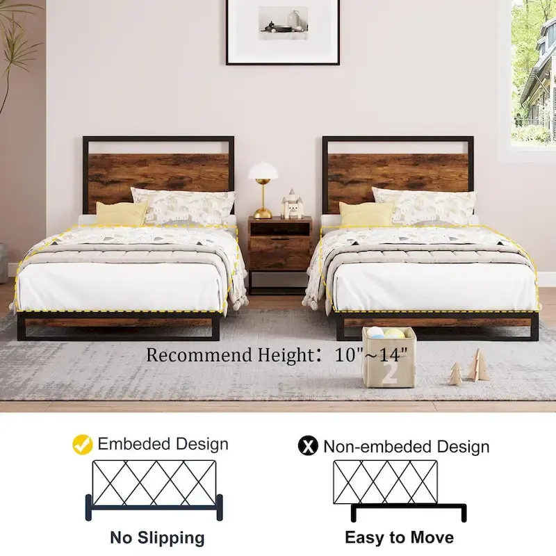 Metal Platform Bed Frame with Wooden Headboard and Footboard