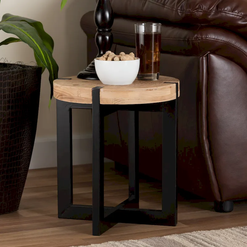 Natural Brown Finished Wood and Black Finished Metal End Table