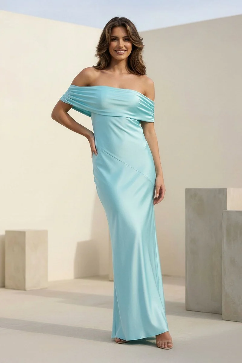 Aqua Sheath Off The Shoulder Satin Long Prom Dresses