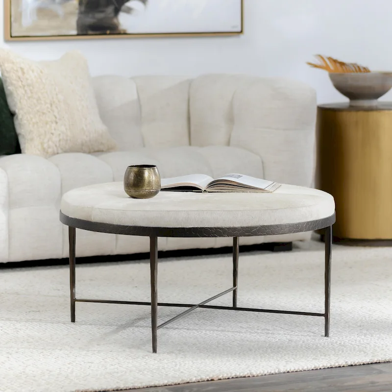 Ivory Leather Hide Coffee Table with Iron Base