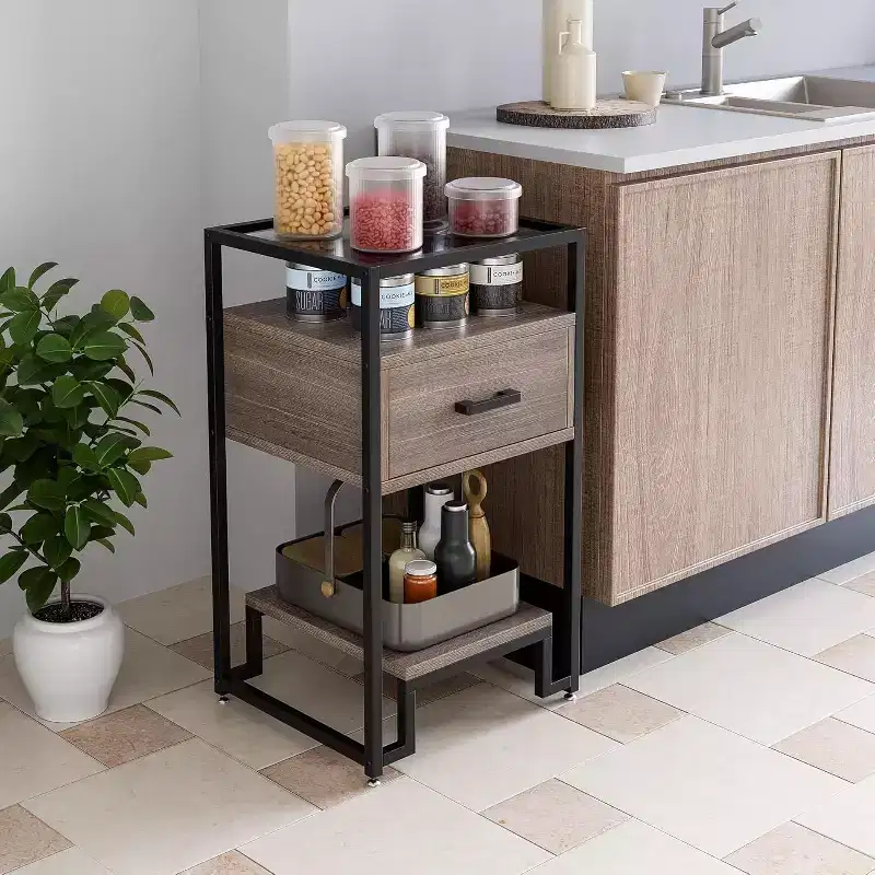 Acekool Nightstand with Storage Drawer, 3-Tier Shelves & Tempered Glass Top, Steel Frame End Table for Bedroom or Dorm, Easy Assembly