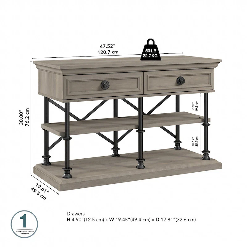 Industrial Console Table with 2 Drawers and Shelves