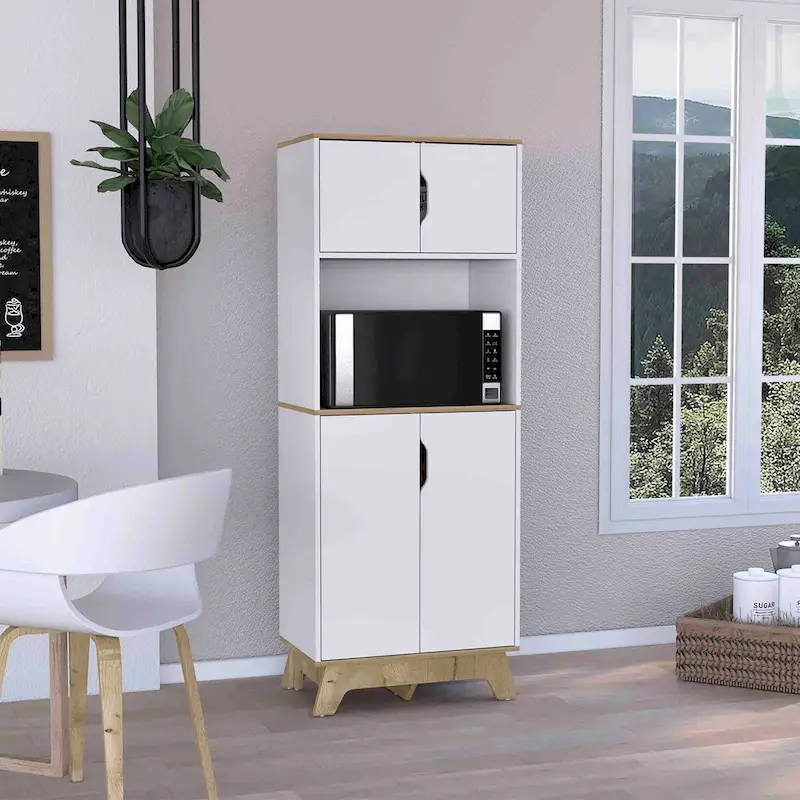 Tall Microwave Cabinet with Counter Surface & Double Doors – Light Oak / White