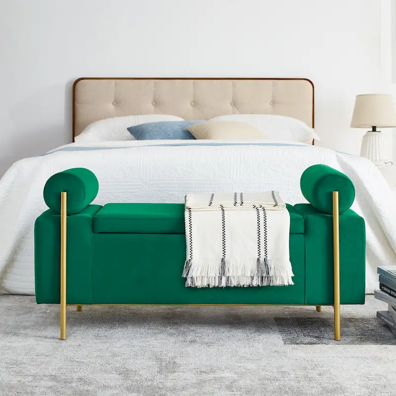 Green / Beige / White Velvet Storage Bench with Gold Legs - 2-Seat