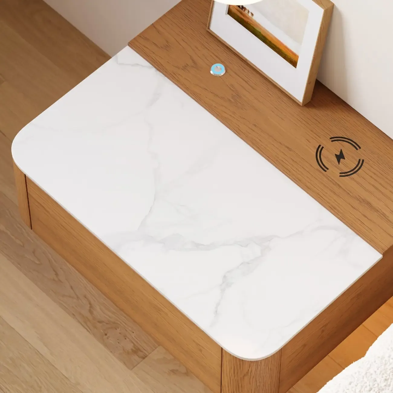 Wireless Cherry Wood Floating Nightstand with Drawers & Light