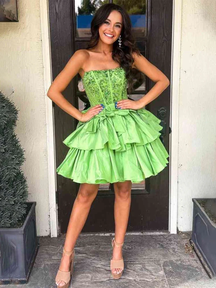 Lime Green - Strapless Sequins A-Line Homecoming Dress With Bow