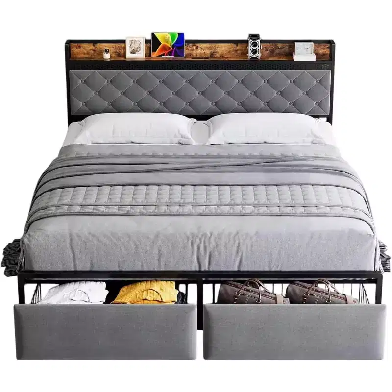 LED King Platform Bed Frame with Storage Drawers, Noise-Free Support with Wood Slats, Gold Metal Frame with Beige fabric Fabric,Upholstered Headboard