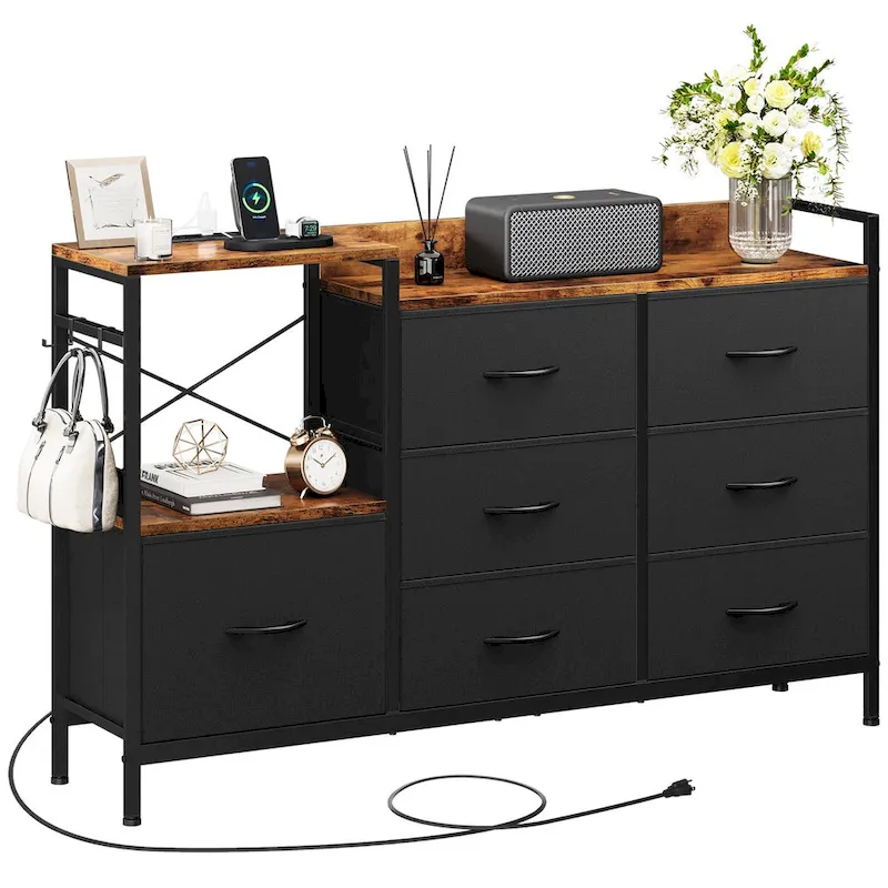 Moasis 7-drawer Dresser Media Console with Charging Station, Shelves