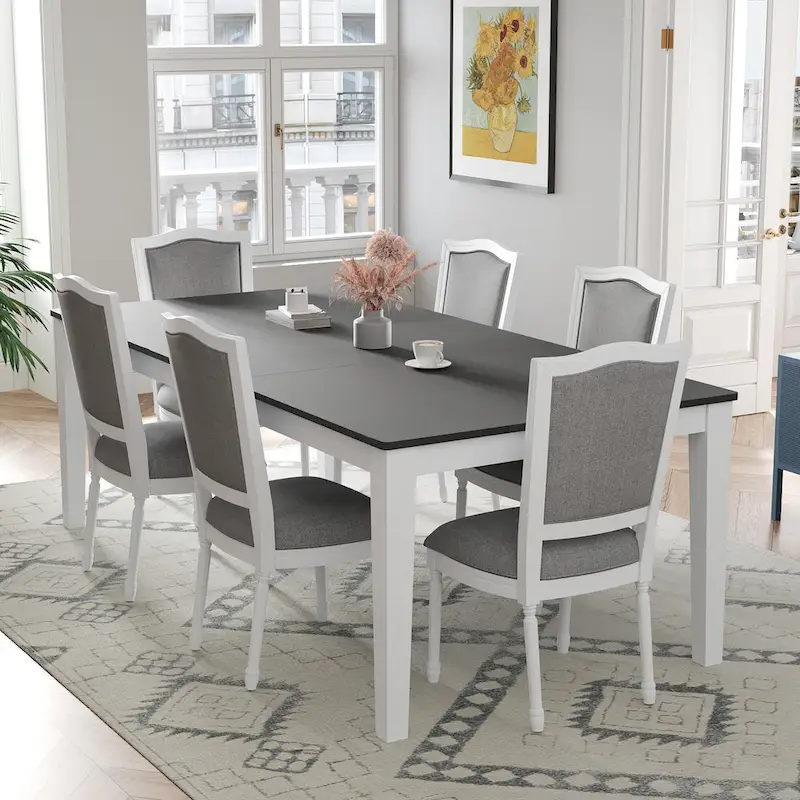 7 Pcs Dining Table Set, Solid Wood Table and Chairs Set with Extendable Dining Table, 2 Drawers and 6 Upholstered Chairs