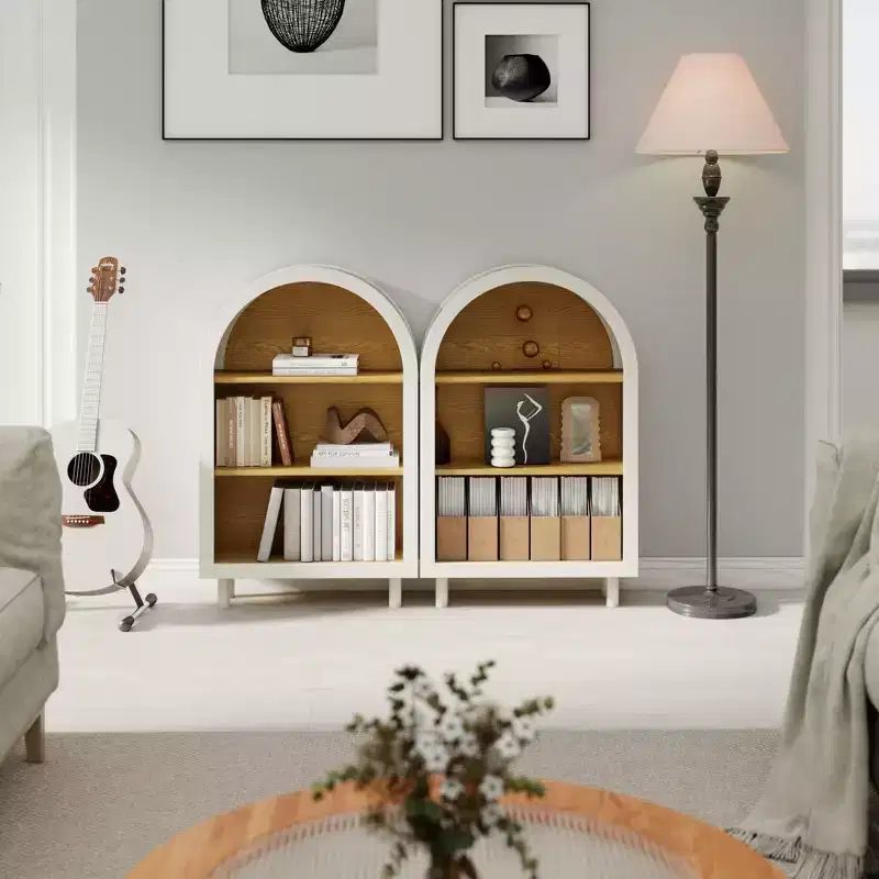 JVNOXK 3-Tier Arched Bookcase, Modern Wooden Storage Cabinet with Woodgrain Shelves, White 3-Shelf Bookshelf for Living Room/Bedroom/Entryway