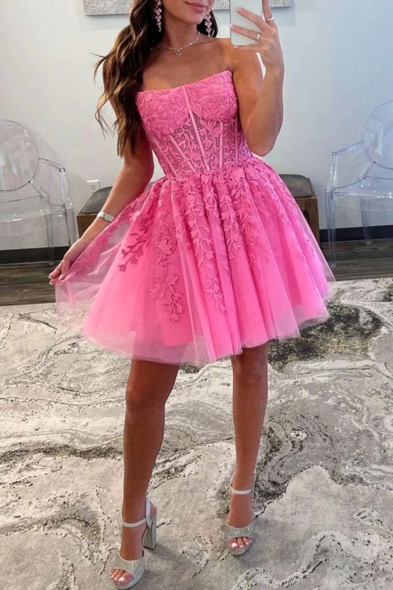 A-Line Tulle Lace Homecoming Dress with Appliques