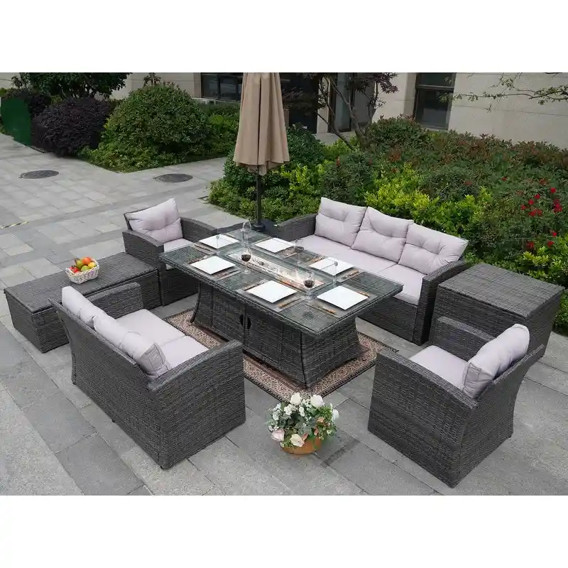 Leavitt 7-Piece Patio Wicker Chat Set with Fire Pit Table and Rain Cover