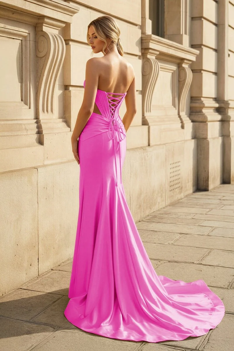 Yellow Strapless Mermaid Satin Beaded Long Prom Dresses With Slit