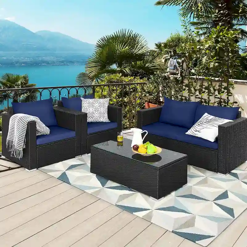 Costway 4 PCS Patio Rattan Furniture Set Cushioned Sofa Chair Coffee - See Description