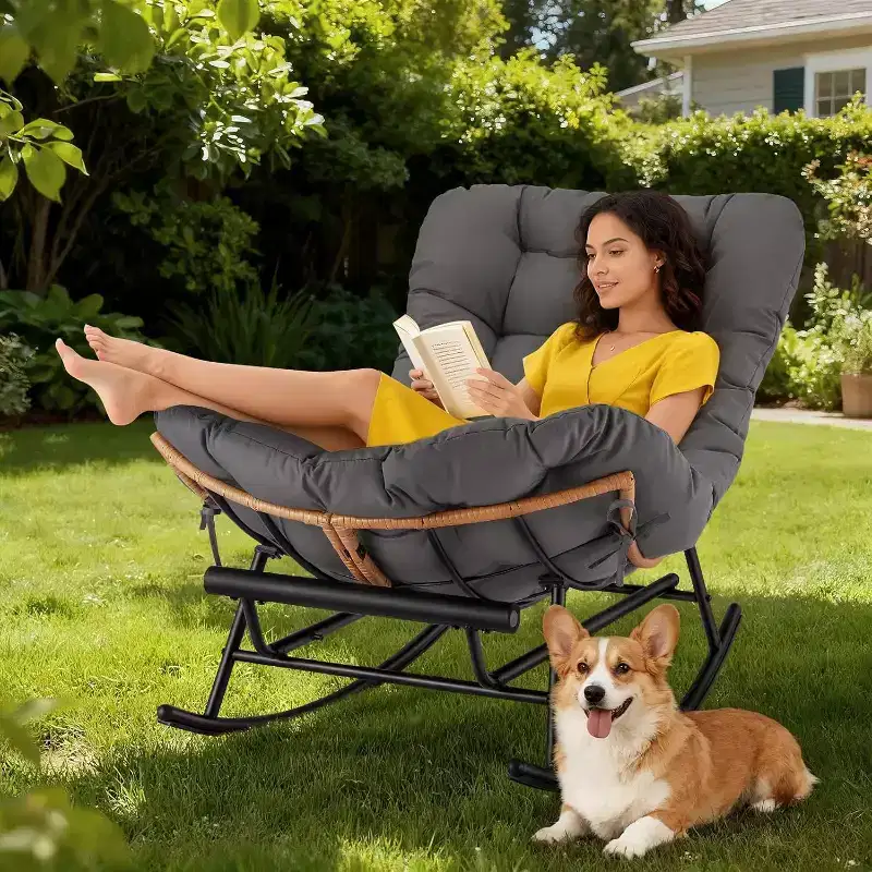2PCS Papasan Rocking Chair with Footrest, Rocker with Thick Removable Cushion & Sturdy Metal Frame, for Porch, Garden, Living Room, Gray