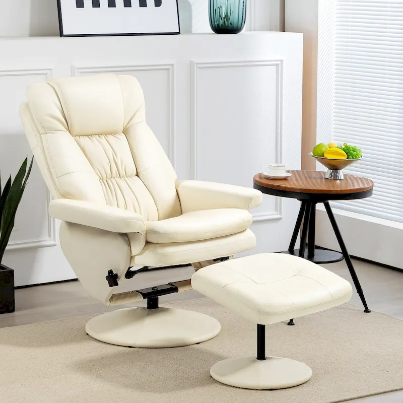 Swivel Recliner Chair with Ottoman, PU Leather, High Back, Flared Armrests, 360° Swivel, Reclines to 135°, Steel Frame, Cream White, 1-Person Use