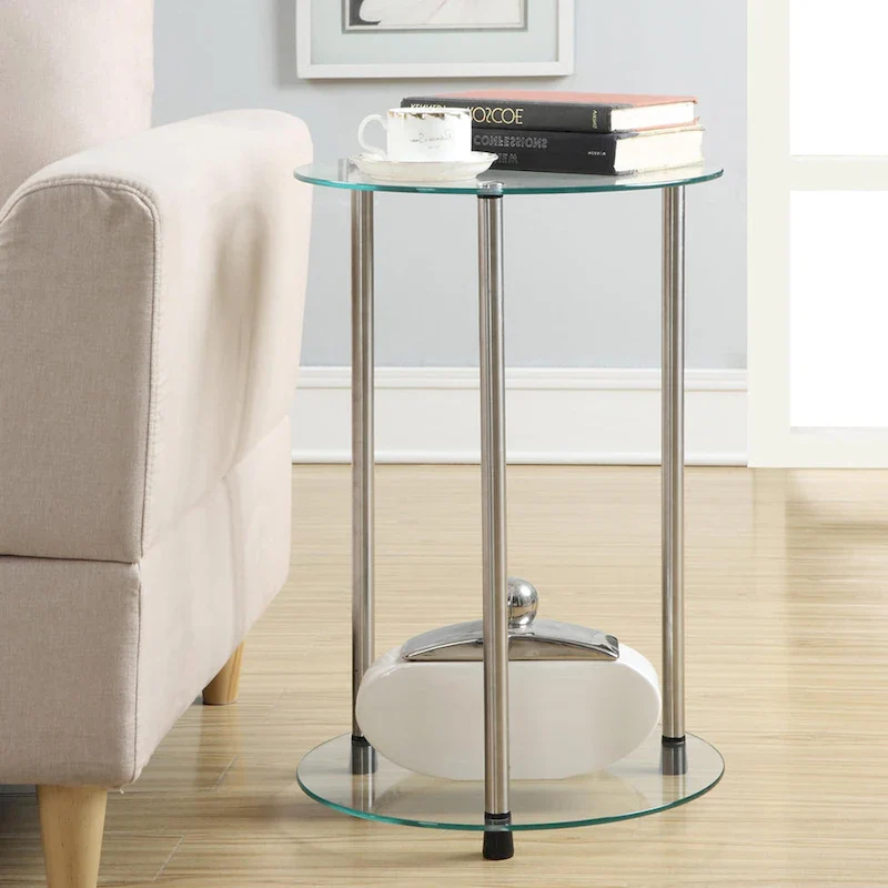 Modern 2-Tier Round Tempered Glass End Table with Stainless Steel Legs