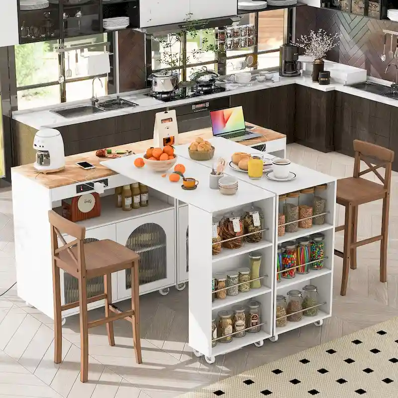 33 in. W Kitchen Island Rubberwood Top on 8 Wheels With Extended Table, LED Lights, Power Outlets