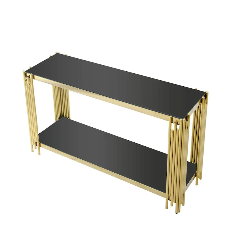 Narrow 2-tier Console Table with Gold Finished Metal Frame and Tempered Glass Top
