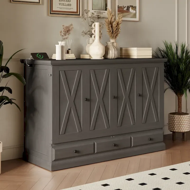 Gray Queen Murphy Bed Cabinet for 1 Person – with Storage Drawer & USB Charging