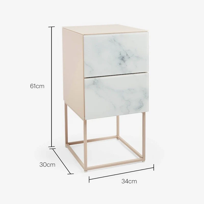 Marble Pattern Double Drawer Nightstand with Tempered Glass Top