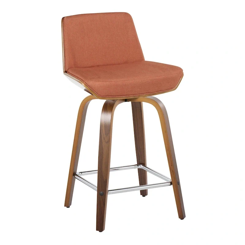 Orange/Charcoal/Light Grey Fabric Counter Stool, Walnut Back, Set of 2