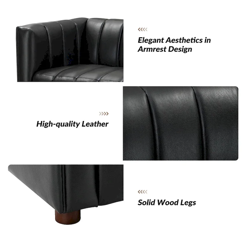 83-inch genuine leather curved sofa with a grooved backrest.