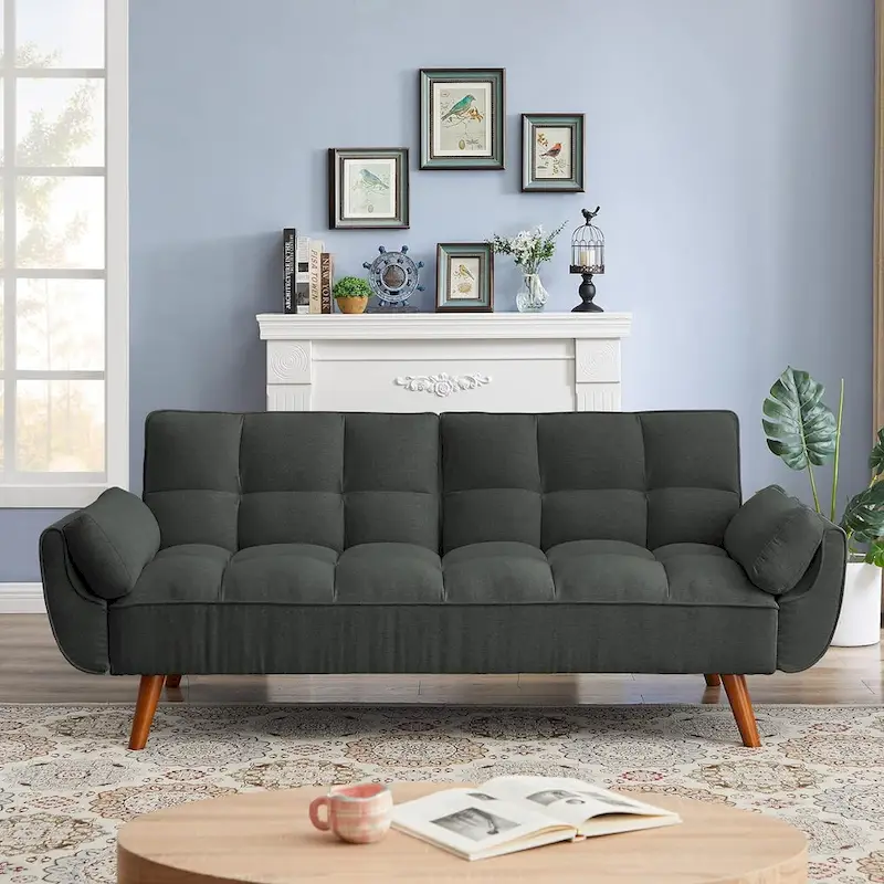 Green / Light Gray / Yellow / Dark Gray / Beige Velvet Futon Sofa Bed, Adjustable Backrest, 2-Seat
