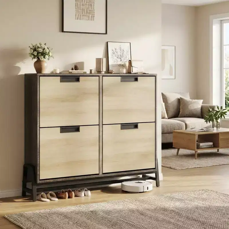 4 Flip Drawer Narrow Shoe Cabinet, Freestanding Entryway Storage with Adjustable Shelves & Metal Legs, Slim Organizer for Hallway & Living Room