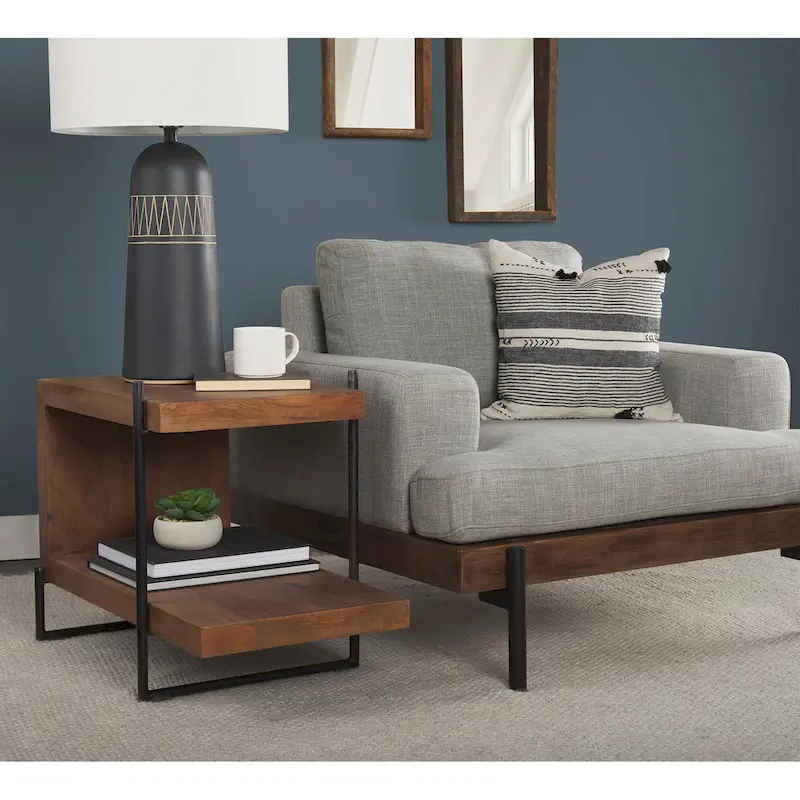 Medium Brown Solid Wood w/ Black Metal Frame C-Shaped End/Side Table