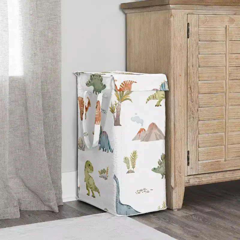Sweet Jojo Designs Boy Foldable Laundry Hamper with Handles Watercolor Dinosaur Dino Multicolor