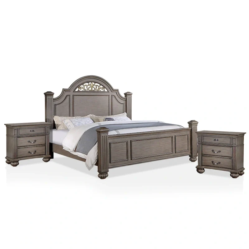 Vame 3-Piece Traditional Grey Wood Poster Bedroom Set With Two Nightstands by Furniture of America