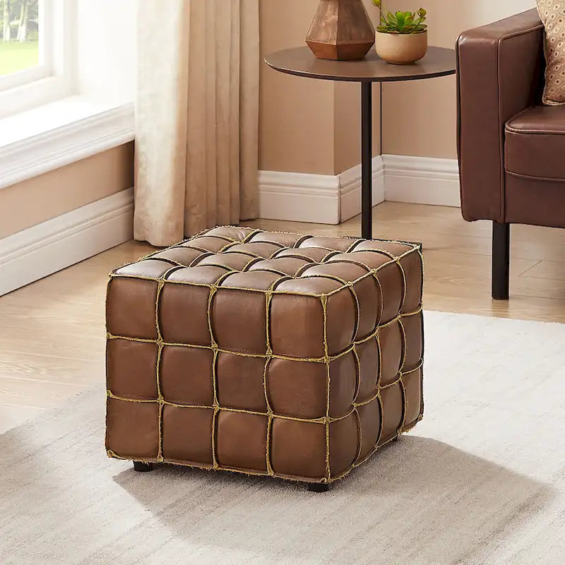 Art Leon Top Grain Leather Square Pouf Ottoman