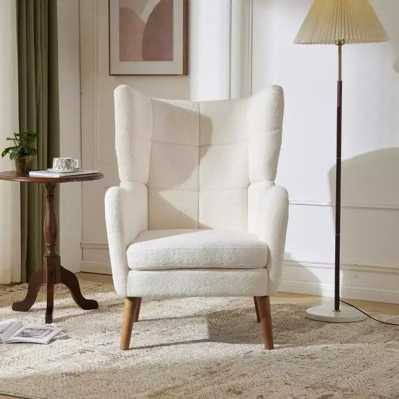 Modern Accent Chair with Birch Wood Legs, Teddy Fabric Upholstered Living Room Chair, Comfy Wingback Chair for Bedroom or Office-Panipeachy