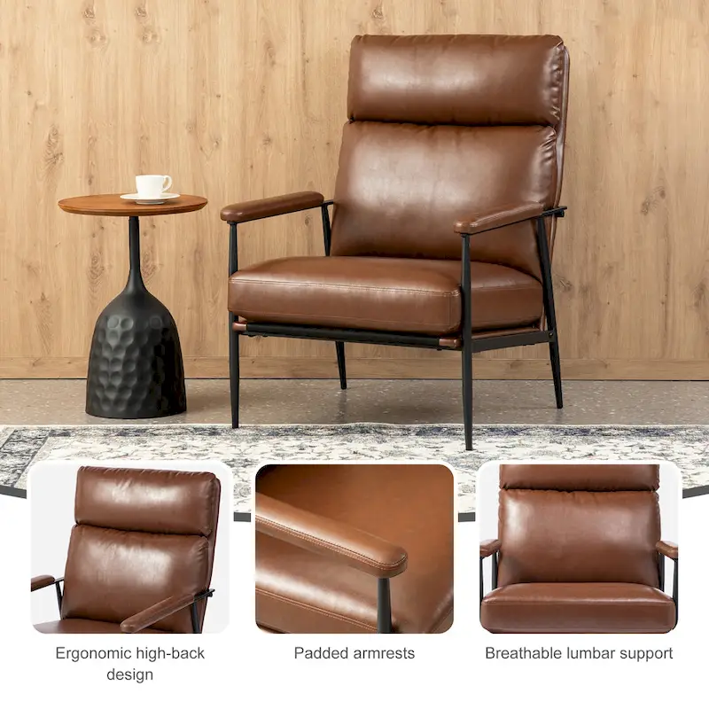 Glitzhome 33.75W Mid-Century Modern Leatherette Armchair With High Back and Padded Arms - 33.75 W x 39.5 H x 28 D