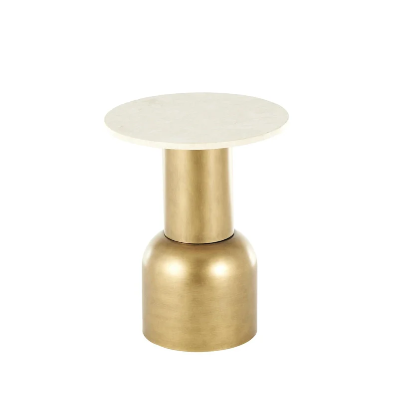 Metal Pedestal Side End Accent Table with Cream Marble Tabletop - Gold