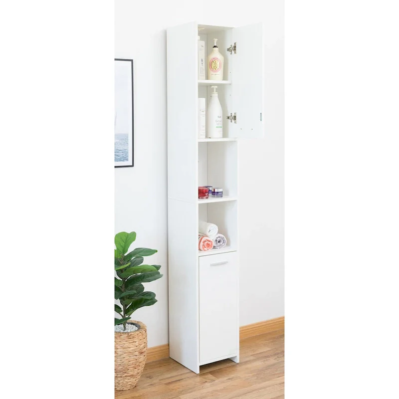 Tall Slim Bathroom Storage Cabinet with Open and Closed Shelves, White