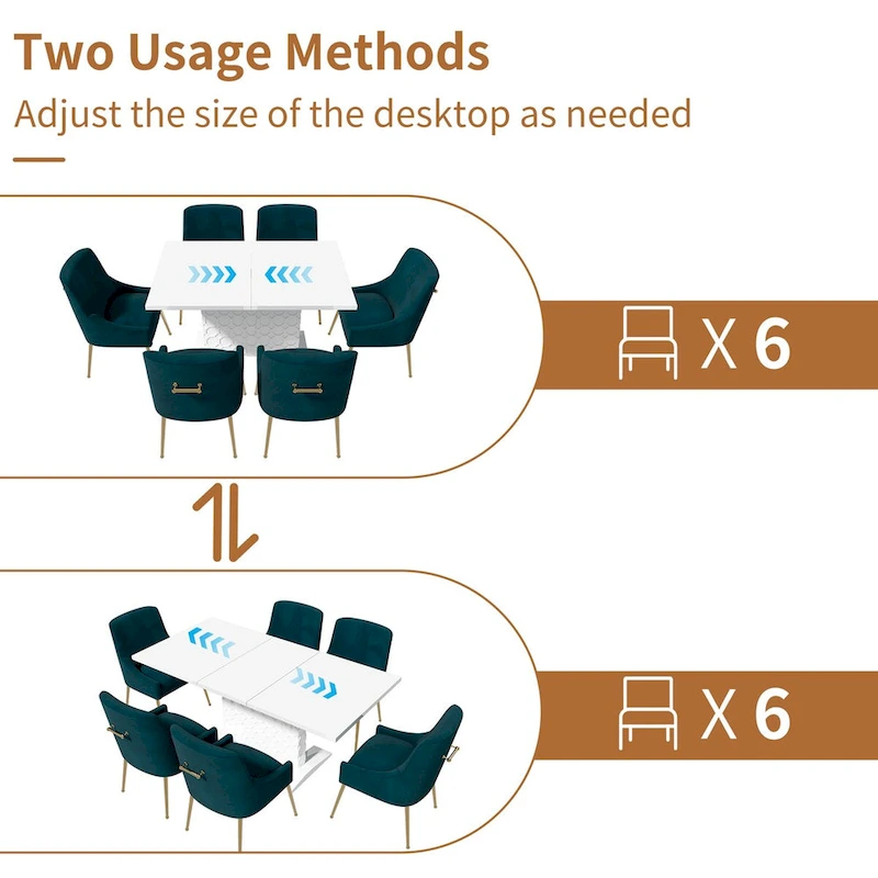 7-Piece Clihome High-gloss Extendable Table Velvet Chair Dining Set