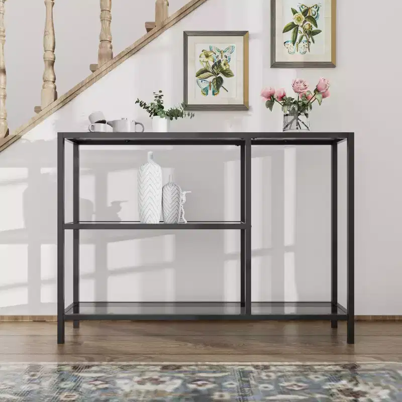 Neutypechic Modern Metal Narrow Console Table Rectangle Entryway Table with Storage, Iron Frame, Tempered Glass Top - 40  9