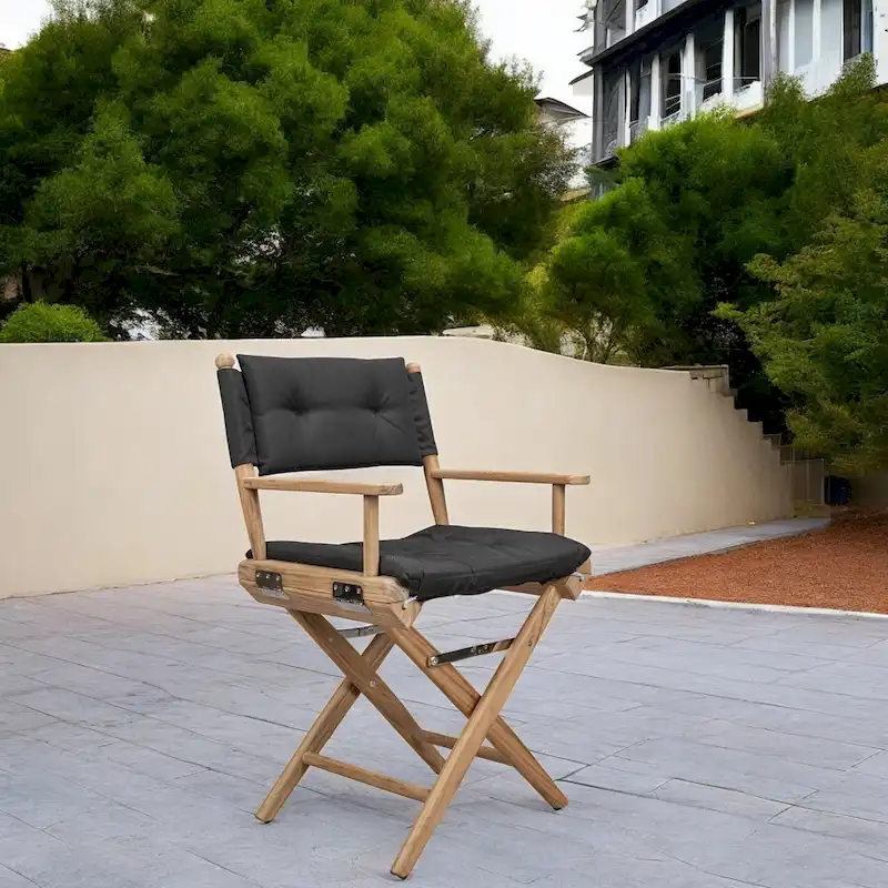23  Black and Brown Solid Wood Indoor Outdoor Director Chair with Black Cushion