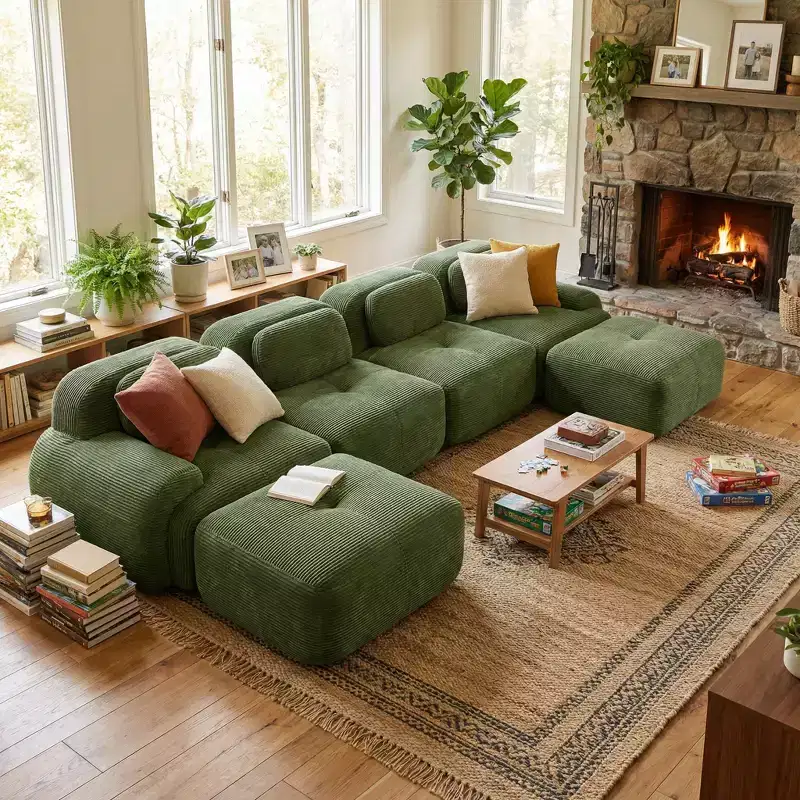 Homy Casa Modular Sectional Sofa, No-Assembly Corduroy Upholstered 4-Seat Sofa, Olive Green